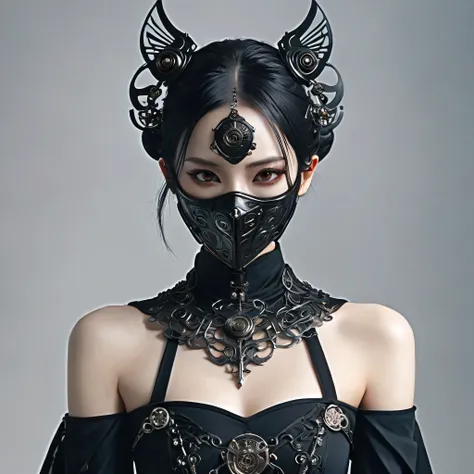 arafed image of a person dressed in a black outfit and a mask, very beautiful cyberpunk samurai, gothic - cyberpunk, orthodox cyberpunk, rococo cyberpunk, ornamental gothic - cyberpunk, ornate cosplay, occult cyberpunk, mystical post apocalyptic cyborg, st...