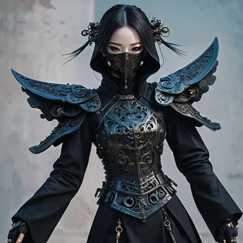 arafed image of a person dressed in a black outfit and a mask, very beautiful cyberpunk samurai, gothic - cyberpunk, orthodox cyberpunk, rococo cyberpunk, ornamental gothic - cyberpunk, ornate cosplay, occult cyberpunk, mystical post apocalyptic cyborg, st...