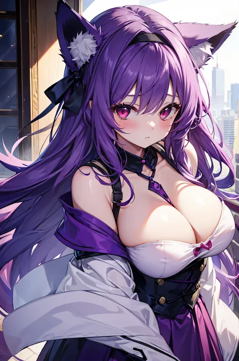 Fox Girl, Big Breasts, Voluminous purple hair, masterpiece , Red eyes、Blushed cheeks、 hd, from head to chest, buried in my chest、Underbust、piece、headband on head