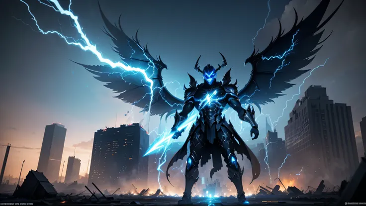 (Demon god with wings behind the apocalyptic battlefield, Surrounded by blue and black lightning particles), 3D Rendering, movie special effects, movie lighting, The background is a ruined city, Clear HD, 8k resolution, Very detailed, Digital Painting, Con...