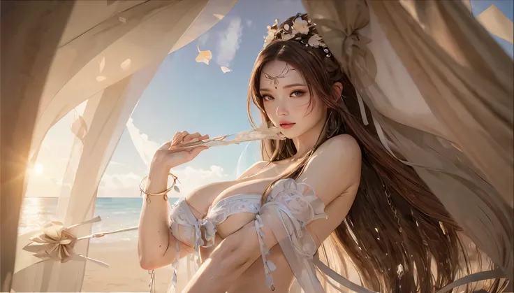 there is a woman in a white dress posing on the beach, trending on cgstation, wlop and sakimichan, artwork in the style of guweiz, cinematic. by leng jun, wlop and ross tran, by Victor Wang, a beautiful fantasy empress, guweiz, ruan jia and artgerm, beauti...