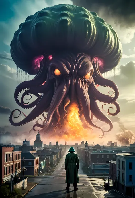 hyperrealistic photograph of cthulhu breathing void chaos on the battlefield with a city like nuclear mushroom cloud in background in the style of lovecraftian horror, eldritch horror, lovecraftian horror, cosmic horror, masterpiece, best quality, (intrica...