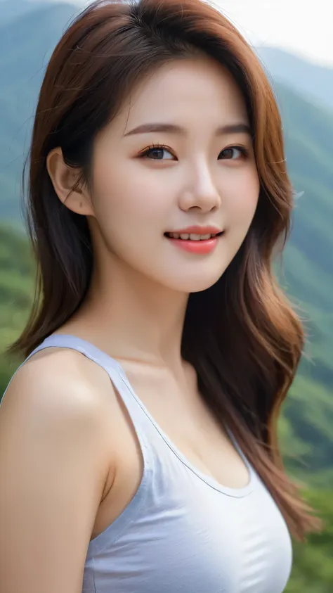 close-up of beautiful korean female, 34 inch breasts size, wearing tank top, pants, slightly smile, on the mountain, bokeh backg...