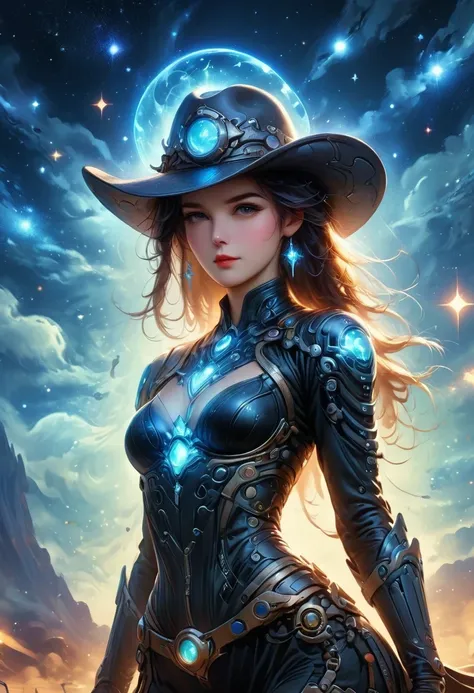 Cyberpunk Cowgirl in Interstellar Tavern，Wearing a stylish cowboy hat，Futuristic starry sky background，Alien Technology，Mechanical Cowboy，