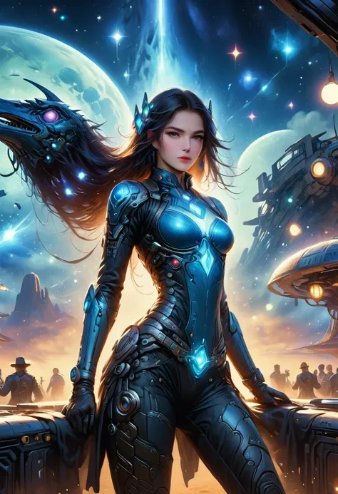 Cyberpunk Cowgirl in Interstellar Tavern，Futuristic starry sky background，Alien Technology，Mechanical Cowboy