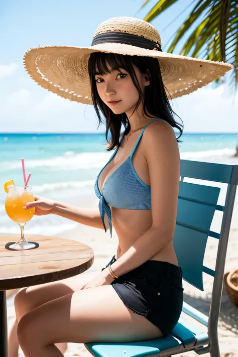 (High Definition), One Girl, Japan Person, Cute, Black hair short, Wearing front zipper bra-top Chevron-pattern, Tie Front Track Shorts multi color light blue, Big straw Hat, leaning Side table, splashing, At Shower stand on Beach Side, looking side glance...