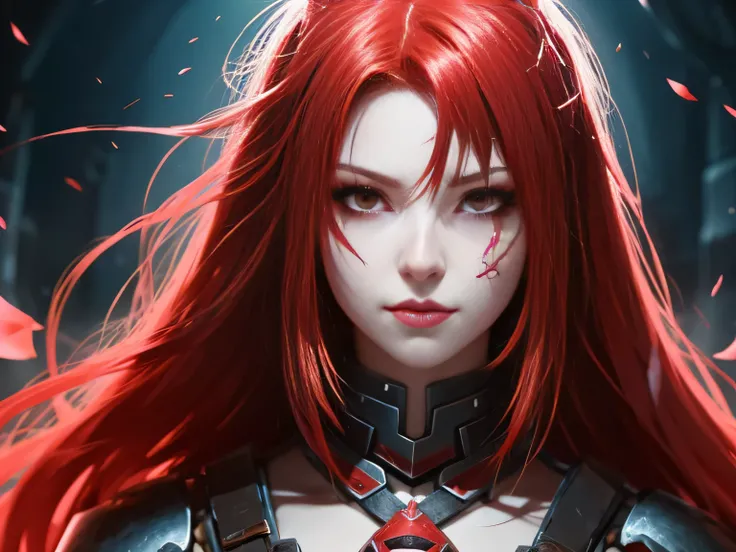 A full size of a beatiful  anime girl warrior with red hair red eyes red eyeshadows red lipstick with cute scar near right eye and mouth dressed in sexy red armor dress with white parts, Girl standing on the battlefield and eminates red aura of madness, ho...