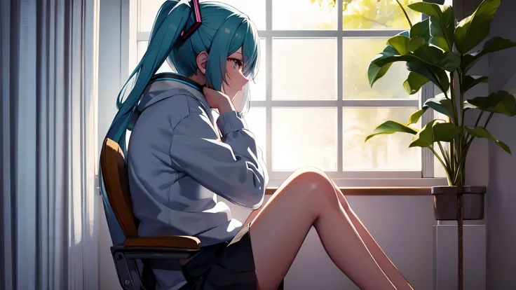 anime characters、Hatsune Miku、Sitting on a chair by the window listening to music