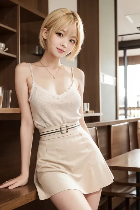 highest quality、Cute One Woman、Shortcuts、Blonde、wearing a camisole and skirt、Cafe