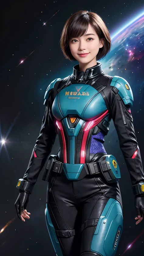 208 Short Hair, 20 year old female, Floral, A kind smile, Futuristic clothing, machinery suit, (The background is a galaxy and nebula)