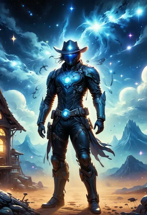 Cyberpunk cowboy in interstellar tavern，Futuristic starry sky background，Alien Technology，Mechanical Cowboy