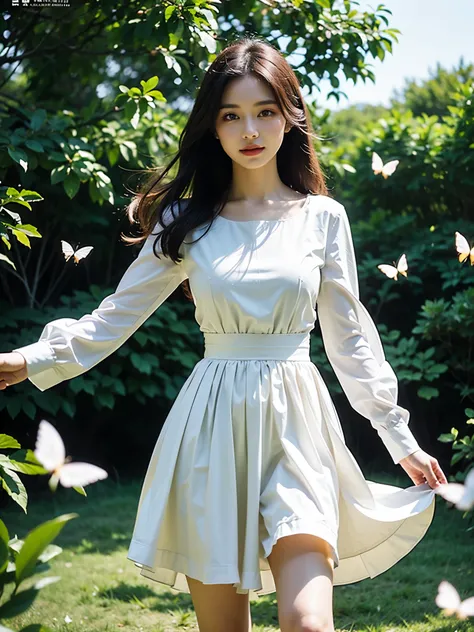 ，masterpiece, best quality，8k, ultra highres，Reallightandshadow，Cinema lenses，(beautidful eyes:1.1)， ((medium shot the scene is，The upper part of the body))，dynamicposes，On a green meadow，A gentle goddess came with a gentle step。She wore a white dress，A ge...