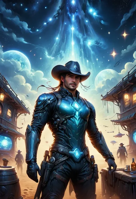 Cyberpunk cowboy in interstellar tavern，Futuristic starry sky background，Alien Technology，Mechanical Cowboy