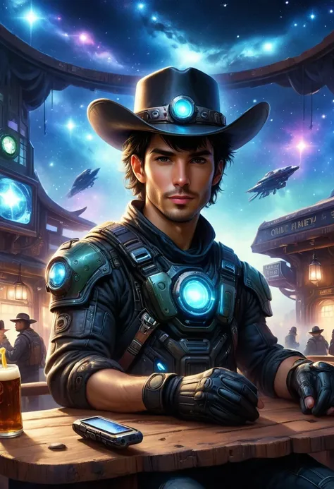 Cyberpunk cowboy in interstellar tavern，Futuristic starry sky background，Alien Technology，Mechanical Cowboy