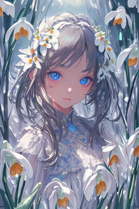 ((masterpiece, highest quality)), High resolution, 8k, Cinematic Light, High Contrast, Depth of written boundary, Strong brilliance, Detailed Background, One girl, cute, Detailed eyes, eyes shine, Detailed Iris, Snowdrops(flower)With the motif