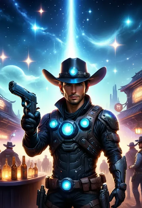 Cyberpunk cowboy in interstellar tavern，Futuristic starry sky background，Alien Technology，Mechanical Cowboy