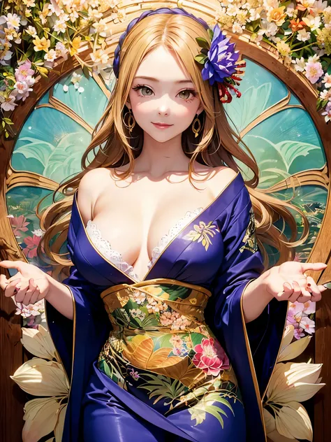 High resolution symmetrical images,  Girl and Horihada, Yakuza, Japanese Mafia,  Movie photos of tattooed Japanese cartels,  Cleavage、(((flower tattoo all over body)))、 (Lotus tattoo)、 (close up chest, Underarm, 胸のAngle from below), blonde braids, short ha...