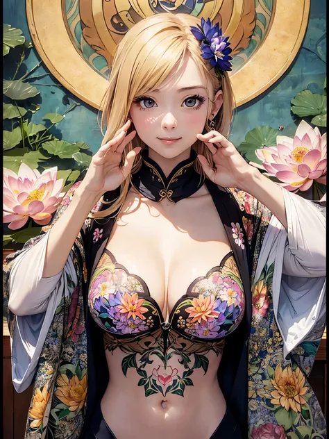 High resolution symmetrical images,  Girl and Horihada, Yakuza, Japanese Mafia,  Movie photos of tattooed Japanese cartels,  Cleavage、(((flower tattoo all over body)))、 (Lotus tattoo)、 (close up chest, Underarm, 胸のAngle from below), blonde braids, short ha...