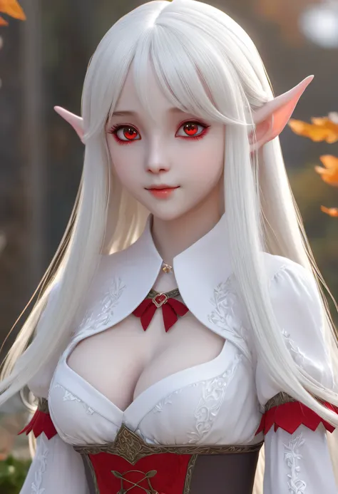 10 year old girl，Milky white long hair，Red Eyes，Very large breasts，((3D anime style))，Elf，Clothes that show through the skin，