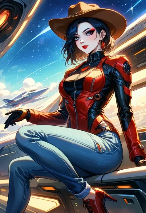 masterpiece, pale skin, red lips, light eyes, Eyeshadow, A beautiful woman wearing a stylish cowboy hat in an alien spaceship，Cyberpunk cowboy in starship，Futuristic starry sky background，Alien Technology，Mechanical Cowboy，Wearing a red and black mechanica...