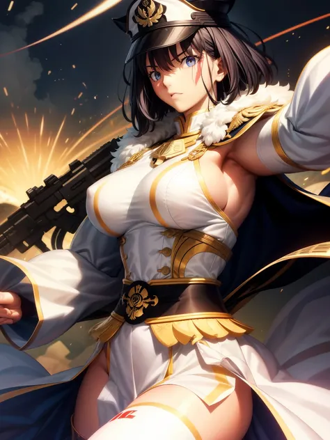 Japan Ground Self-Defense Force、White military uniform、Black、（（（muscle pain）））、（（（muscular big breasted mature woman）））、Gold ornaments、scars all over the body、scars all over the body、