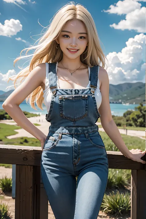 highest quality, Ultra-high resolution, masterpiece, Photorealistic: 1.8), pore, Accuracy, ranch, horse、 High and wide, White clouds overhead, sky, face is in the center of the screen, denim overalls, Sleeveless shirt、Small breasts, pale light, young woman...