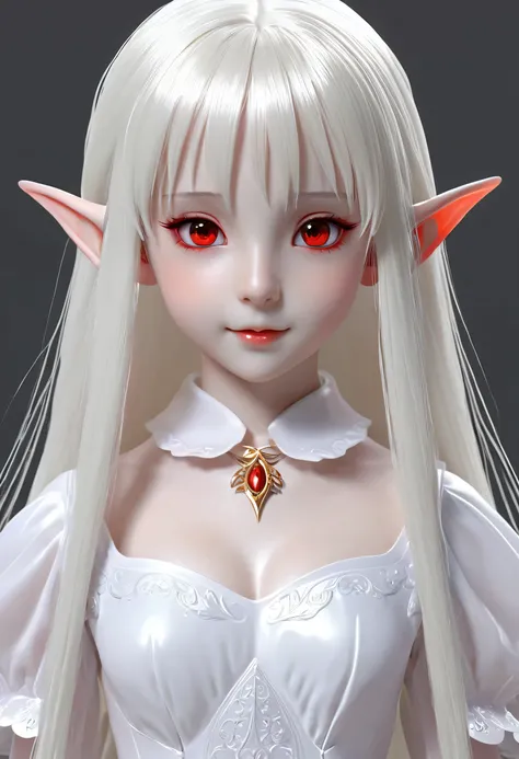 10 year old girl，Milky white long hair，Red Eyes，Breasts bigger than her face，((3D anime style))，Elf，translucent clothes，