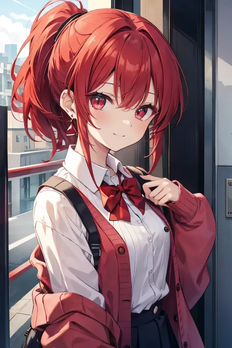 Red eyes with red hair、 girl、Small breasts、ponytail、smile、gal girl、Wearing cute earrings、uniform、knit cardigan、Add highlights around the eyes、Cute hairpin、The whole body is visible、School