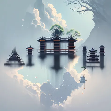 (Depth of field effect) (Ancient Chinese architectures on an isolated island), (tower, architecture) (pavilion,Miscellaneous trees, cloud, Green Trees, maple, mangrove, small stone, birdie), Chinese watercolor style, (Chinese painting style), Chinese lands...