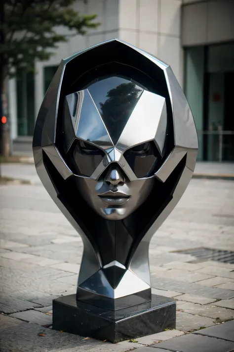 abstract designed futuristic female face statue in irregular voronoi metal structure, on a stone foot, super sharp