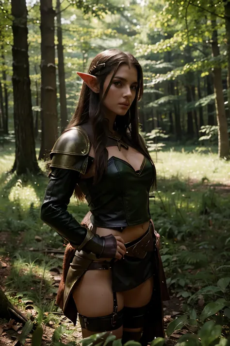 beautiful elf stois in a magical forest in leather armor