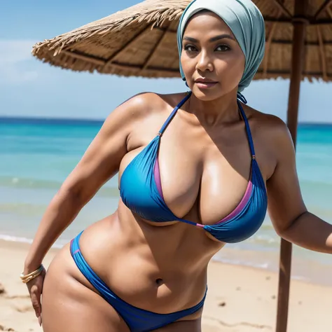 56 years Old, Hijab Indonesian mature woman, (Large  : 1.3), ((Beauty Tanlined Skin)), ((Sexy Bikini)), curvy body, Breast about To burst out from her clothes, at Beach, Soft light, at Noon.