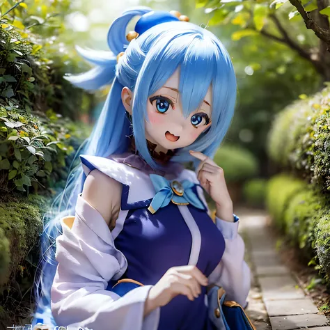 (a young girl and) Blue Hair, (wearing) a white and blue dress, (Holding) staff, (standing) In the midst of lush greenery, lively garden, (and) colorful and colorful flowers (bloom) around her, (Down) clear blue sky.
(Portrait) girl's, (Realistic) rend...
