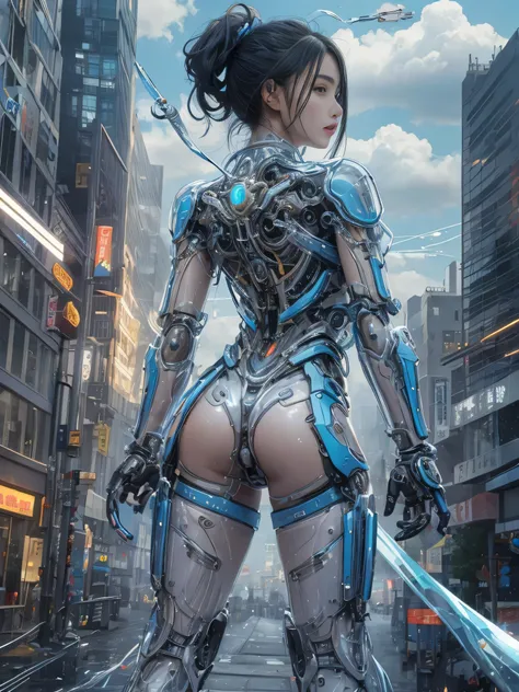 RAW quality, One girl, 14 years, Textured skin, Rear View, Rear view, Super detailed, Advanced Details, high quality, 最high quality, High resolution, 1080p, hard disk, beautiful,(Gundam),beautiful cyborg woman,largely,((Wearing Futuristic Transparent Reinf...