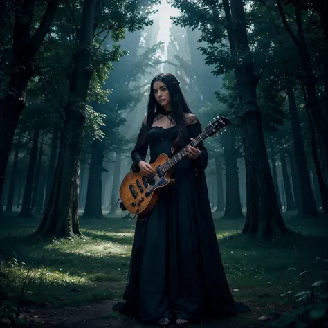 In a splendid painting by Gustave Doré, the enchanting scenery unfolds in shades of deep blue and violet, surrounding the Goddess dressed in black and her majestic guitar in an aura of mystery and magic. The landscape is dominated by dancing shadows and om...