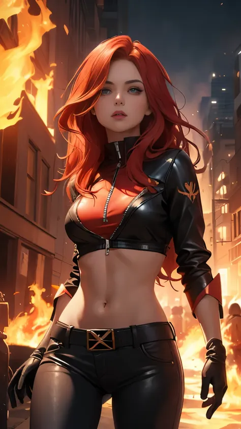 (highly quality, masterpiece, detailed), burning city detailed scenario, burning city detailed background, jean-grey, belt, red ...