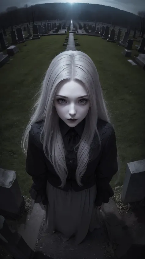 (ultra high definition, 8k, masterpiece: 1.3) ((long gray hair)) ((pale skin)) ((black lips)) it is surrounded by tombstones and...