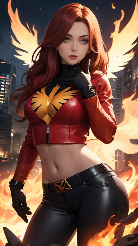 (highly quality, masterpiece, detailed), burning city detailed scenario, burning city detailed background, jean-grey, belt, red ...