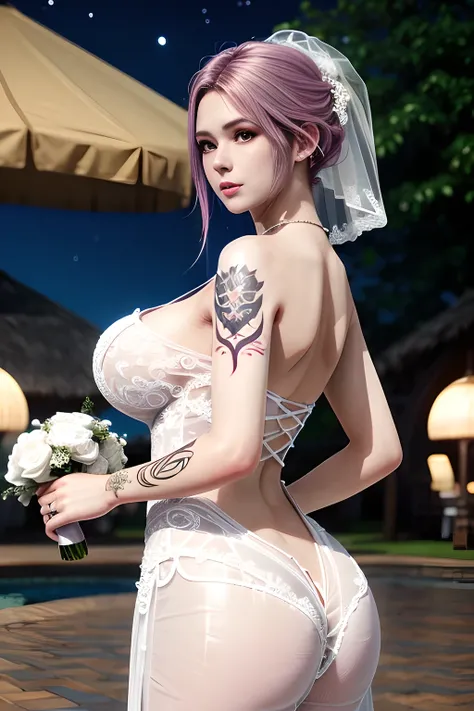 1 girl,standing posture,(( Backless Wedding Dress, see-through)), outdoor,elegant,nighttime,moonlighe,shiny skin,( huge breasts:1.1), lip gloss,( tattoos:1.3), masterpiece, best quality, realistic ,Surrealism,,Rich artistic colors, 8K,soft shadows,Portrait...