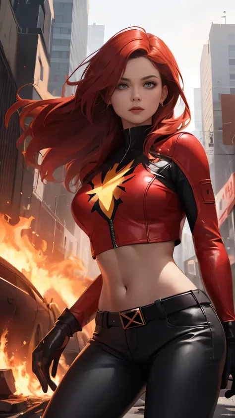 (highly quality, masterpiece, detailed), burning city detailed scenario, burning city detailed background, jean-grey, belt, red ...