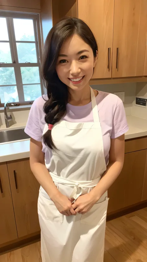 (table top、highest quality、8K、Award-winning work、ultra high resolution)、one beautiful woman、(wearing the most natural and perfect apron:1.1)、(naked apron:1.2)、ponytailed hair、(Look at me with your best smile:1.1)、(Show your beautiful teeth and have the bes...