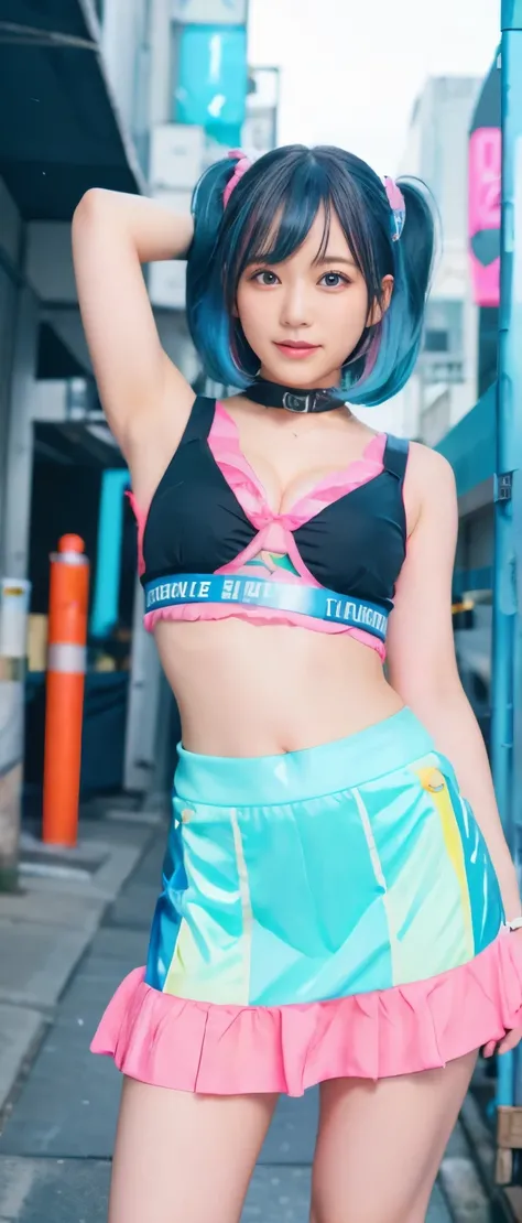 Sexy Cyber Idol Girl、whole body、Good style、、、、Fluorescent blue and pink streetwear、、colorful hair、、、、Cyber City、