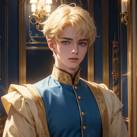 Blue eyes, monolid eyes, Short hair, gold yellow silk hair, pixie haircut, a boy, sharp eyes, normal face, handsome boy, bright color, and he is a royal prince