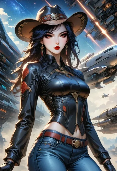 masterpiece, pale skin, red lips, light eyes, Eyeshadow, A beautiful woman wearing a stylish cowboy hat in an alien spaceship，Cyberpunk cowboy in starship，Futuristic starry sky background，Alien Technology，Mechanical Cowboy，Wearing a red and black mechanica...