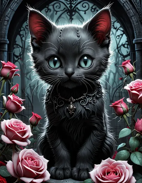 In this ultra-detailed CG art, the adorable gothic kitten surrounded by ethereal roses, best quality, high resolution, intricate details, dark fantasy, illustration, Tim Burton Style | ((More_Detail))