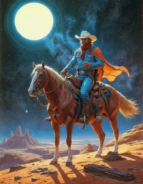 Moebius art style, 80s sci-fi fantasy magazine art, professional illustration, super detailed, amazing images of {star cowboys}, action backgrounds, cinematic compositions