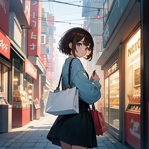 girl、brown hair、short hair、shopping、fashionable city、look back