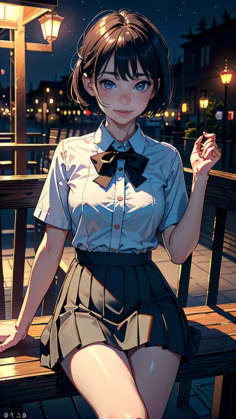 (8k, highest quality, masterpiece:1.2), (SFW:1.3), (Realistic, photo-Realistic:1.37), Very detailed, 1 girl,cute, alone,Beautifully detailed skies,detailed cafe,night,Sitting,Date,(Red nose),(smile:1.1),(Mouth closed) Medium chest,Beautiful fine details,(C...