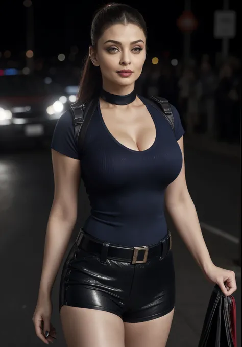 50yo mature MILF Aishwarya Rai as police officer, navy blue tight uniform, very tight shirt, ((red lips)) ((very high heels)), ((short ponytail hair)), mature athletic curvaceous milf body, ((catwalk alone in street)), hourglass milf figure, medium breasts...