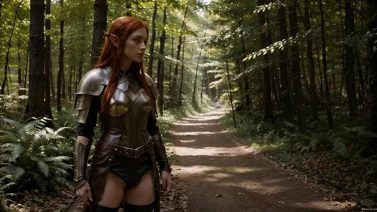 a beautiful elf with red hair and freckles stands in leather armor in a magical forest, location on the right side